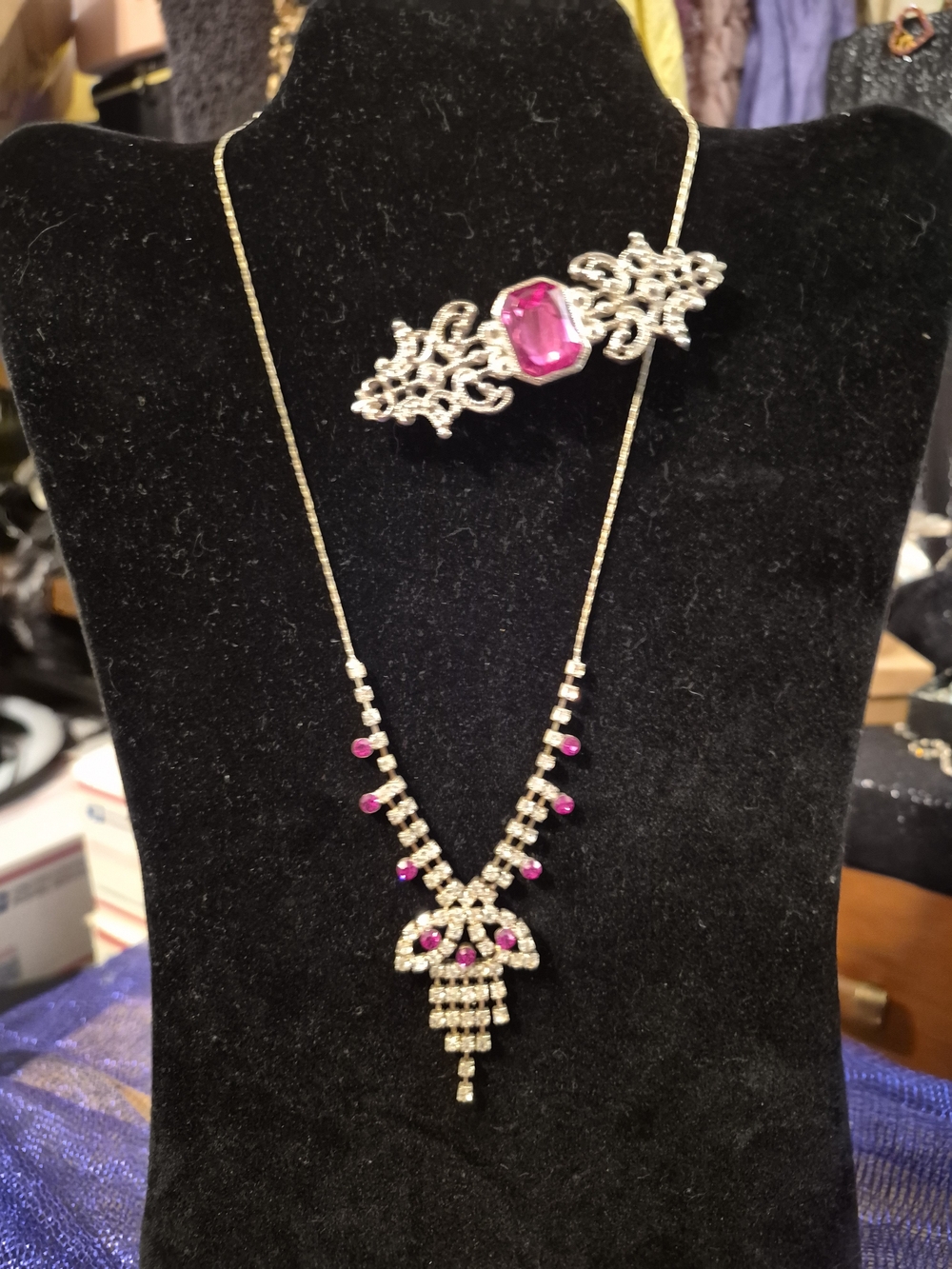 Vintage Pink & Crystal Rhinestone Set - Waterfall Necklace & Filigree Brooch